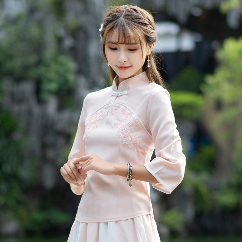 实拍新款6449民族风女装小清新绣花复古盘扣女士衬衫茶艺服上衣