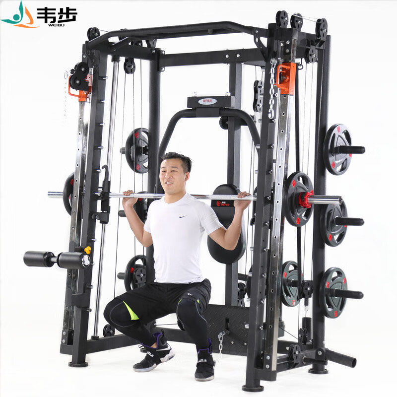 韦步WF-6017史密斯机多功能飞鸟卧推举重龙门架力量健身训练器械单机+100KG杠铃片高清大图