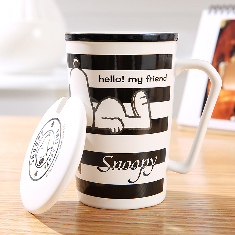 史努比(SNOOPY)陶瓷水杯可爱简约马克杯带盖勺男女创意个性潮流咖啡喝水杯子 5030白