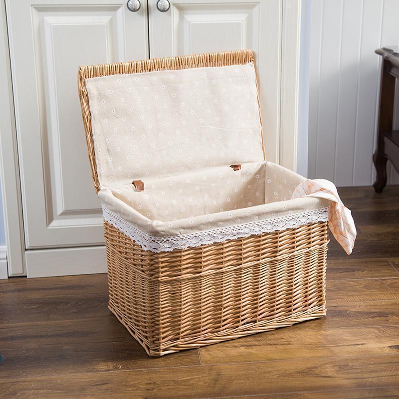 家柏饰(CORATED)大号柳编藤编收纳筐收纳箱藤编筐收纳篮储物篮箱整理箱藤编 带盖原色+麻布大号