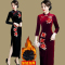 热卖中国风加绒加厚旗袍金丝绒刺绣女长款长袖妈妈婚礼服喜婆婆连衣裙