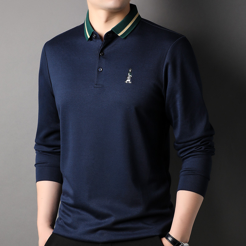 花花公子品牌丝光棉刺绣男士长袖t恤翻领商务休闲中年男装体恤2022秋