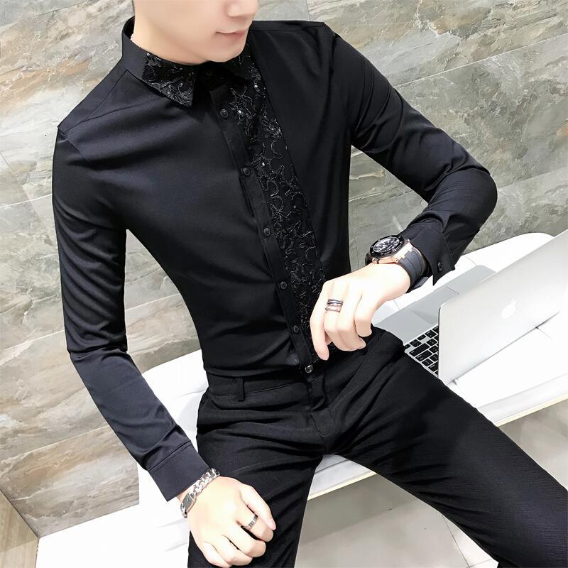 型师英伦衬衫男长袖修身韩版潮流薄款个蕾丝帅气衬衣男