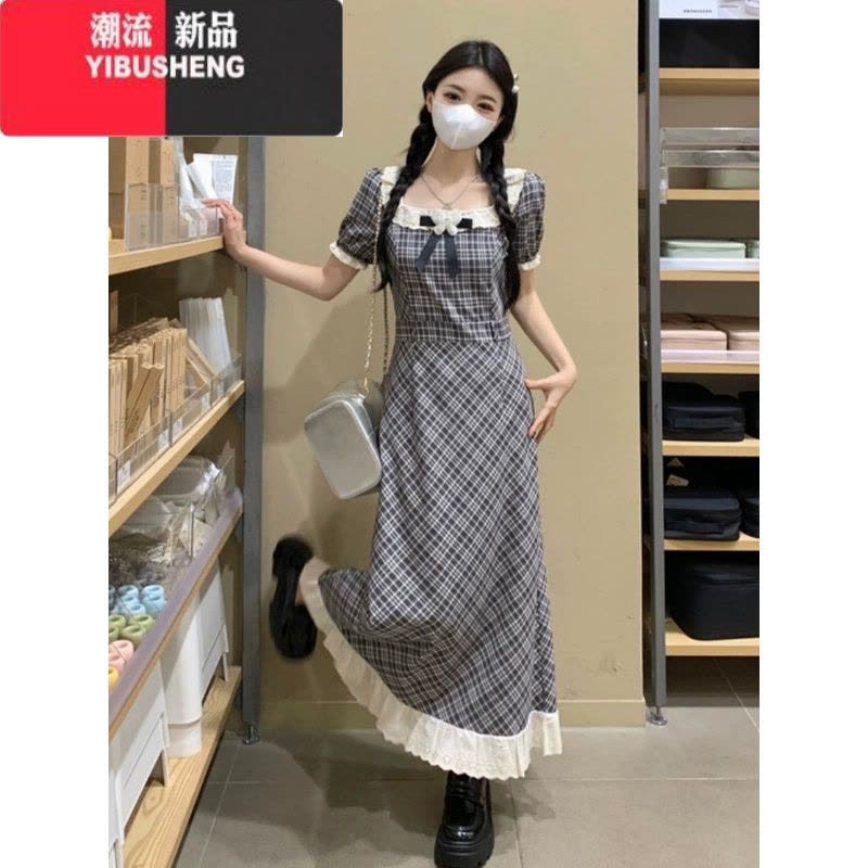 YIBUSHENG学院风格纹泡泡袖连衣裙子女季2024新款高级感气质收腰显瘦长裙图片