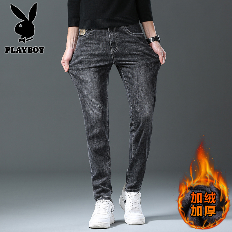 花花公子新款高品质2025秋冬加绒牛仔裤修身弹力潮牌男装复古简约百搭长裤子高清大图
