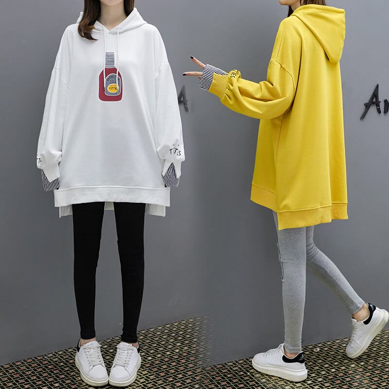 迪鲁奥(DILUAO) 孕妇装套装秋季2021新款宽松连帽卡通图案中长款上衣+托腹裤两件套图片