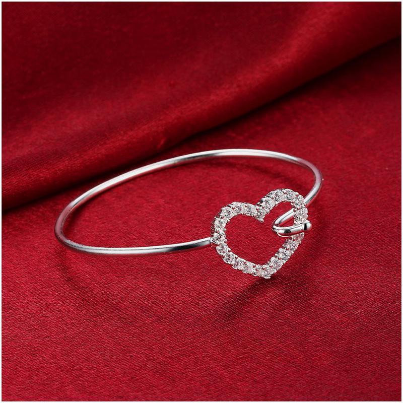 B253Women Silver Bracelet女生饰品心形情侣细手镯镀925纯银复古送女朋友七夕情人节礼物