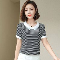 条纹t恤女短袖2021夏新款时尚遮肚洋气娃娃领打底衫宽松显瘦上衣 黑条纹(011#) M 85-100斤