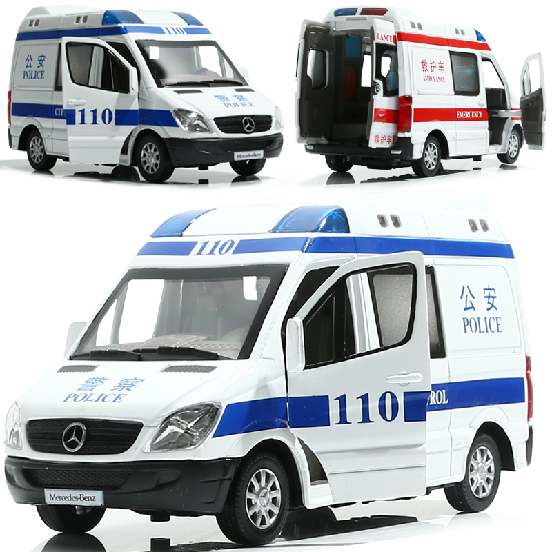 合金警车模型1:32成真大号120救护车警察车仿真汽车男孩玩具 福特面包黑色裸车高清大图