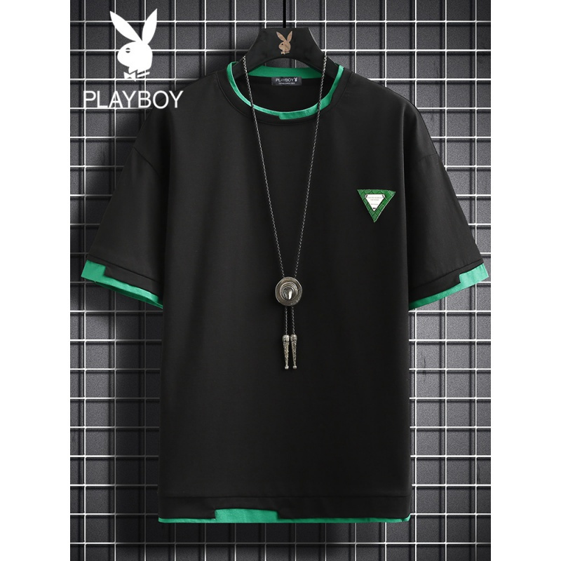 花花公子男士短袖2022夏季新款潮流拼色半袖T恤修身上衣体恤男装