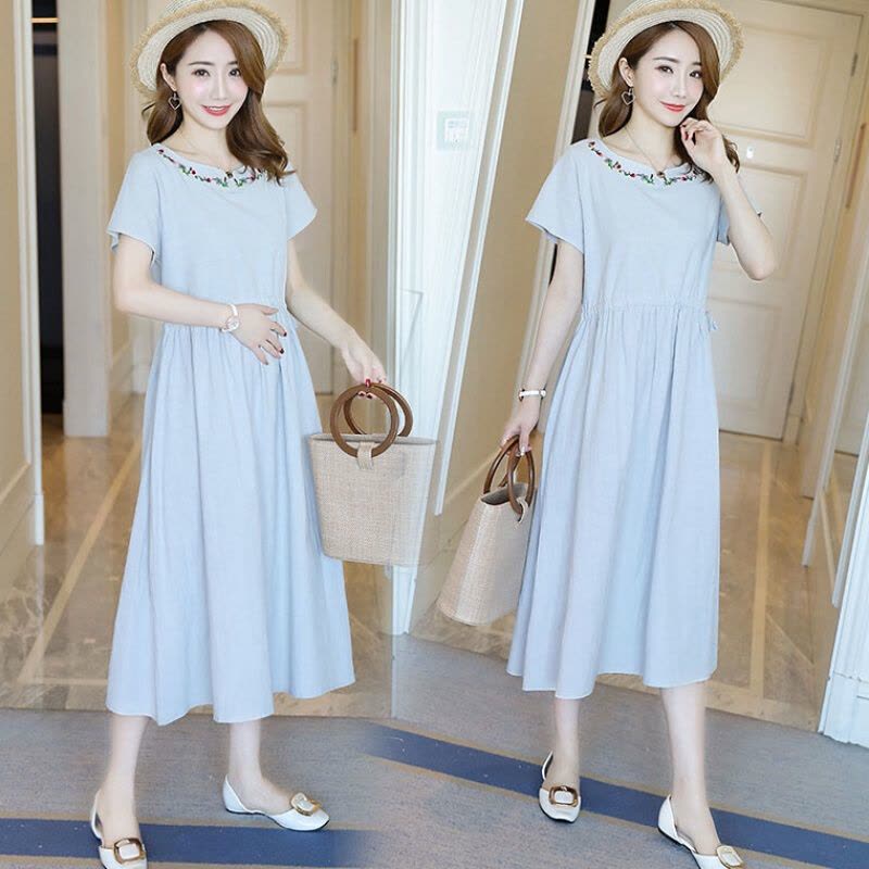 迪鲁奥(DILUAO)夏季短袖孕妇裙韩版长款宽松大摆孕妇装裙子A字裙夏装时尚绣花中长款休闲大码怀孕期连衣裙长裙遮肚显瘦潮图片