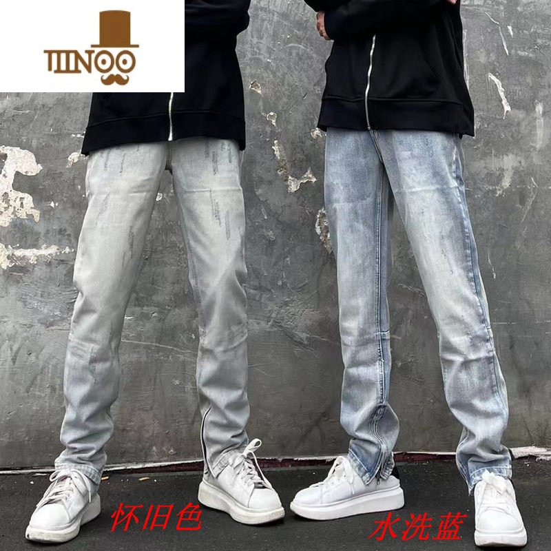 YANXU高街复古水洗浅色牛仔裤男潮牌修身显瘦小脚百搭拉链开衩长裤高清大图