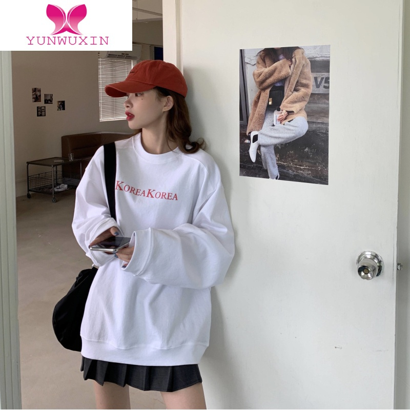 YUNWUXIN湖蓝色卫衣女宽松bf慵懒风秋季2022新款中长款款无帽外套上衣