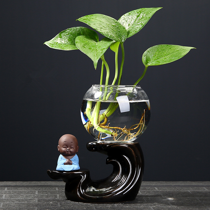 创意绿萝水培植物透明玻璃小花瓶陶瓷客厅装饰品水养插花器皿摆件 三维工匠 功夫-迎客四方 中等高清大图