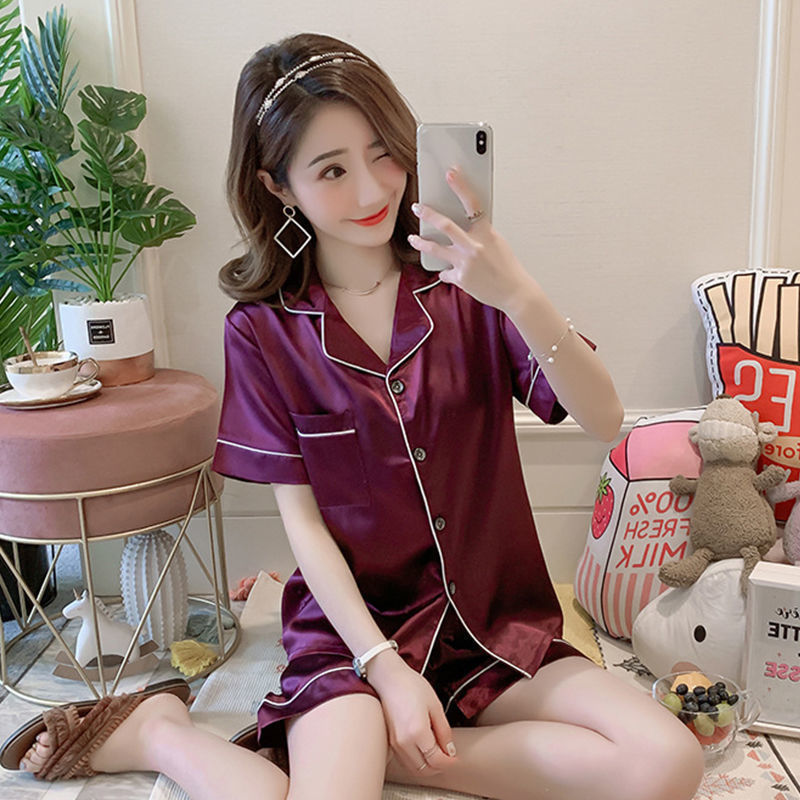 翻领紫色短款 M 80-95斤 睡衣女春夏冰丝短袖长裤韩版开衫性感秋冬季女士仿真丝家居服套装