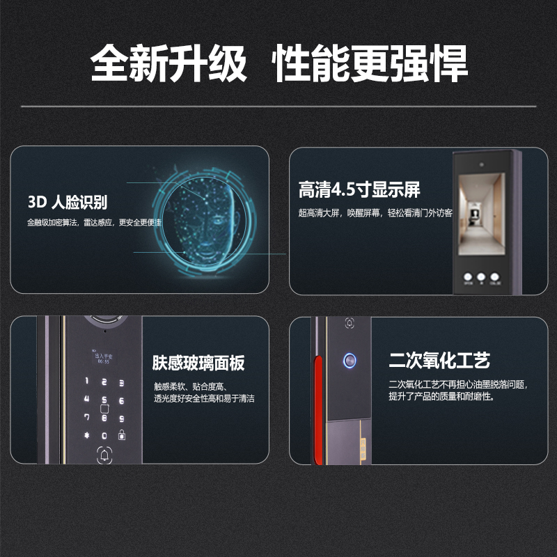 凡帝亚智能锁智能门锁FDY-C50人脸识别，远程开锁、视频通话、自动上锁、可视猫眼，肤感玻璃面板高清大图