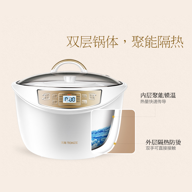 天际DGD32-W132B水密封隔水炖盅电炖锅陶瓷内胆煮粥煲汤锅一锅五胆养生电炖锅全自动预约定时3-4L/3.2升