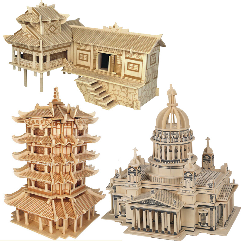 儿童玩具diy手工拼插仿真模型3d立体拼图木质拼装立体拼插古建筑模型