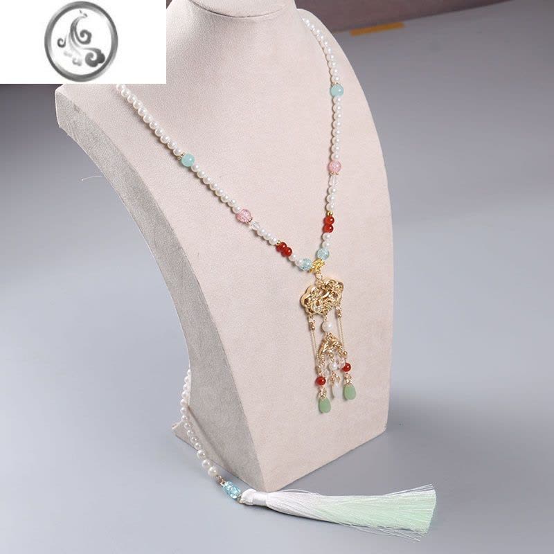 JiMi璎珞女长款明制后缀流苏背云项链唐风坦领汉服配饰古风平安锁吊坠图片