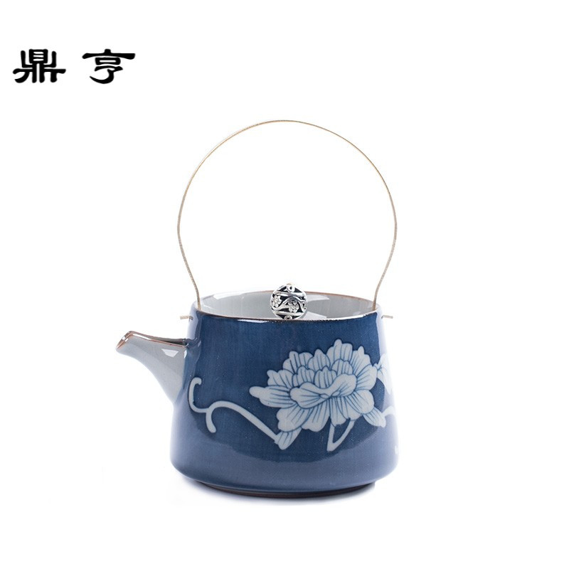 鼎亨茜蓝小提梁壶 手工绘画青花霁蓝哥窑开片陶瓷茶壶功夫茶具手
