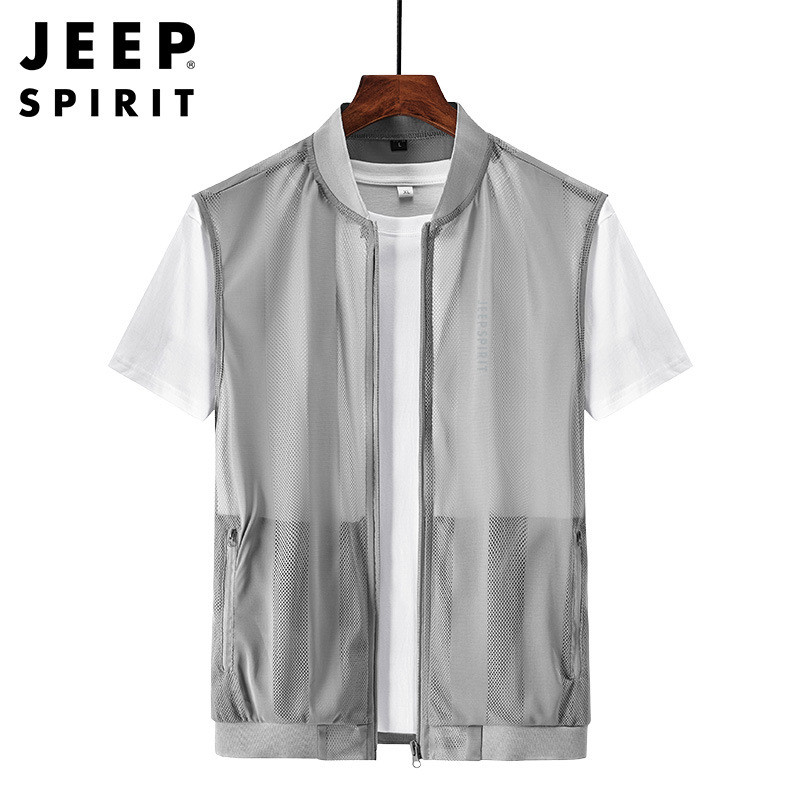 JEEP SPIRIT马甲男户外轻薄摄影背心夏天多口袋钓鱼网眼马甲