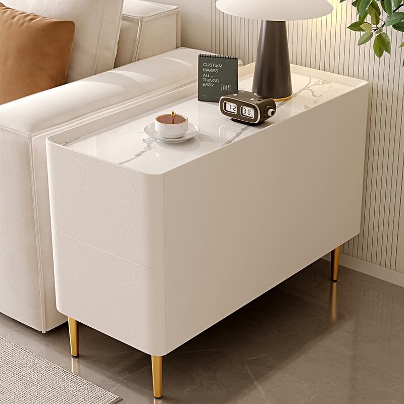 青木川 实木沙发边柜侧边柜岩板茶桌子小户型客厅家用简约现代角几小茶几夹缝柜窄柜简约现代轻奢高级感 米白色 宽35x深80x高55厘米