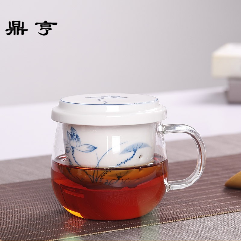鼎亨耐热玻璃茶杯手绘陶瓷内胆带盖过滤带把茶水分离个人泡茶杯