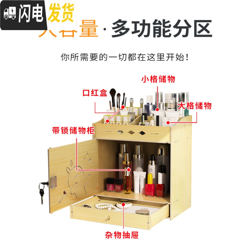 三维工匠带锁化妆品收纳盒抽屉学生宿舍桌面整理口红护肤梳妆台置物架箱柜高清大图