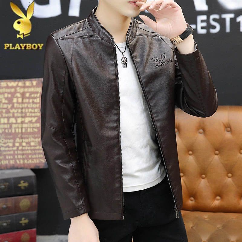 花花公子男装2024春秋款皮夹克男士修身薄款韩版立领PU皮衣外套机车服男图片