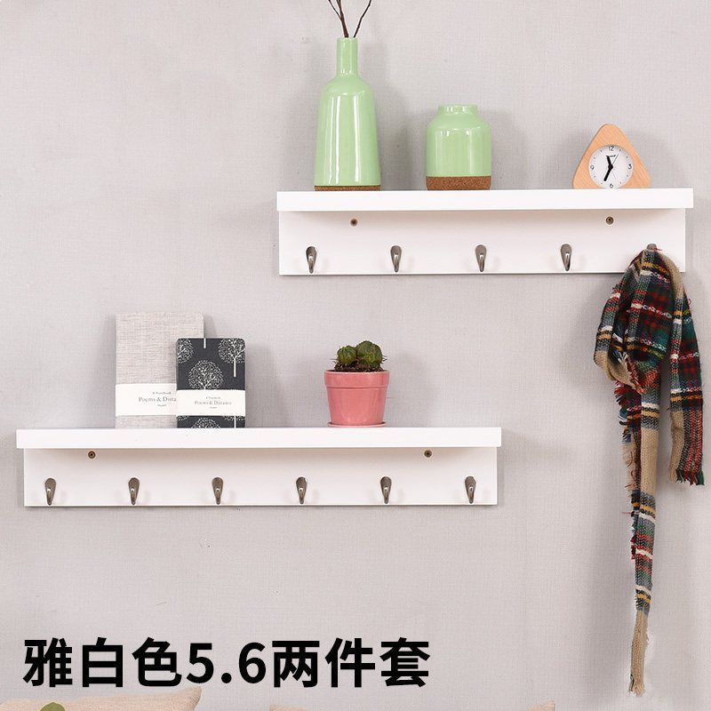 汐岩创意衣帽架壁挂实木家用简约经济型衣架子玄关衣架卧室墙上挂衣架 雅白色5钩6钩两件套