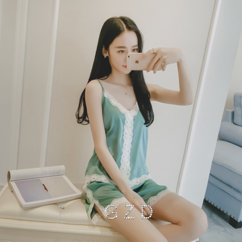 睡衣女夏季短袖性感仿真丝带蕾丝冰丝女韩版丝绸薄款家居服套装