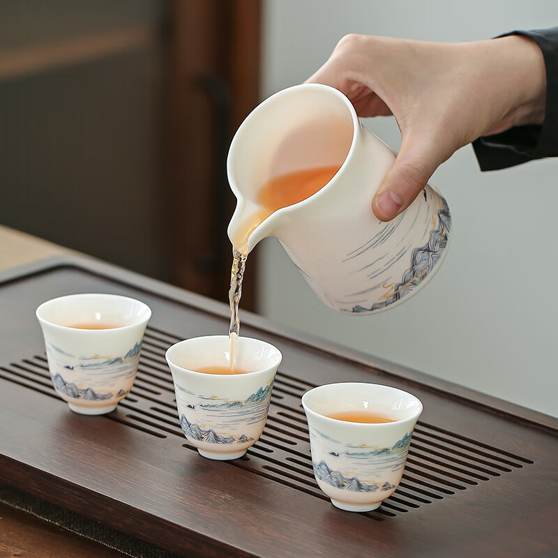 金镶玉 屹白山水套装 陶瓷茶壶茶杯羊脂玉白瓷家用茶具套装高清大图