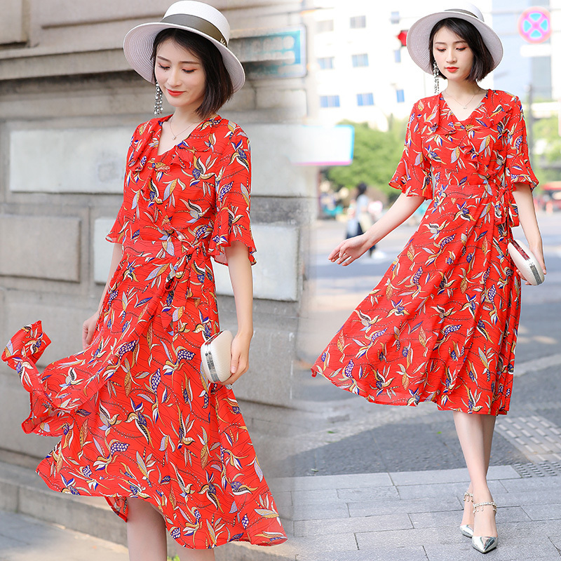 红色碎花雪纺连衣裙女中长款女士夏款新品气质名媛韩版慵懒风