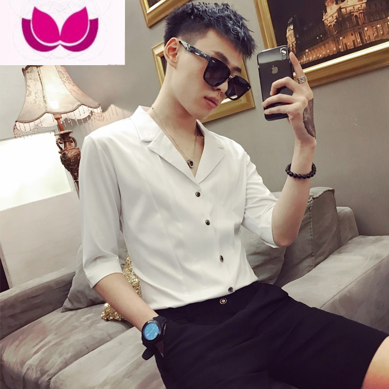 七斓夏季社会精小伙短袖衬衫男潮流修身七分袖衬衣半袖翻领痞帅男装
