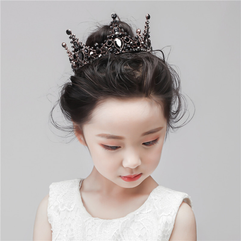 迪鲁奥diluao儿童皇冠头饰公主女童王冠水晶箍小孩生日蛋糕黑色圆冠