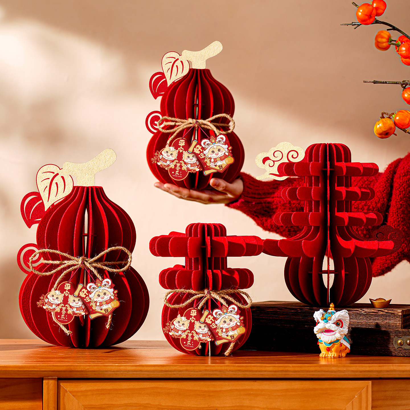 智美环球 2026新年装饰品桌面葫芦摆件 福禄毛毡蜂窝摆件-大号高清大图