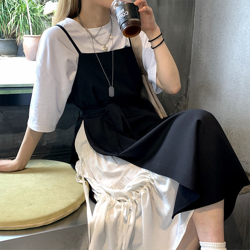 2021新款假两件吊带大码连衣裙女夏设计感小众茶歇发法式长裙套装 白色T恤 S (S-85斤以内参考)