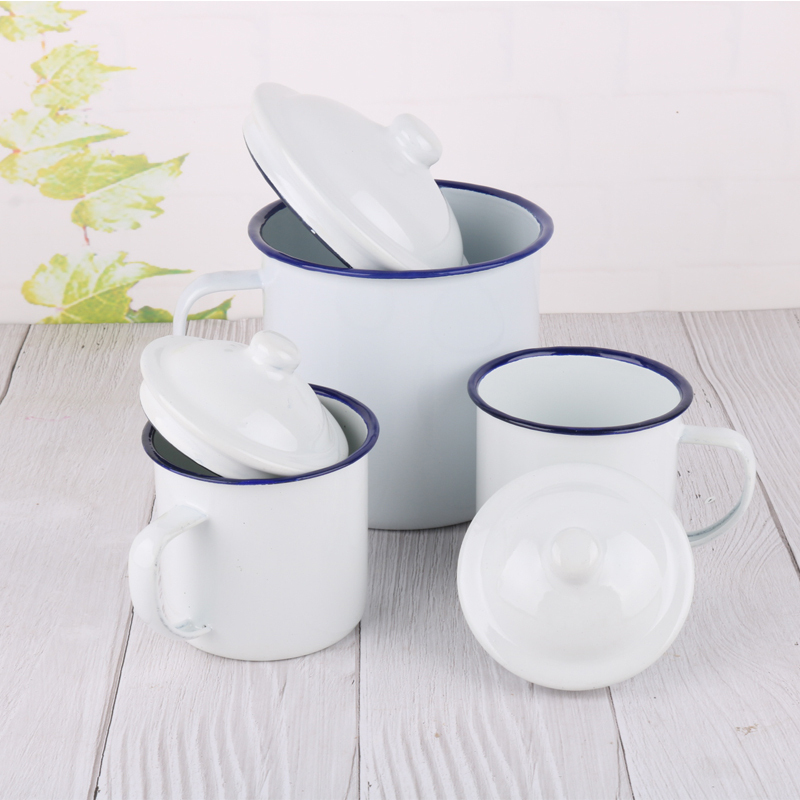 加厚复古老式搪瓷茶杯 白色有盖1600ml