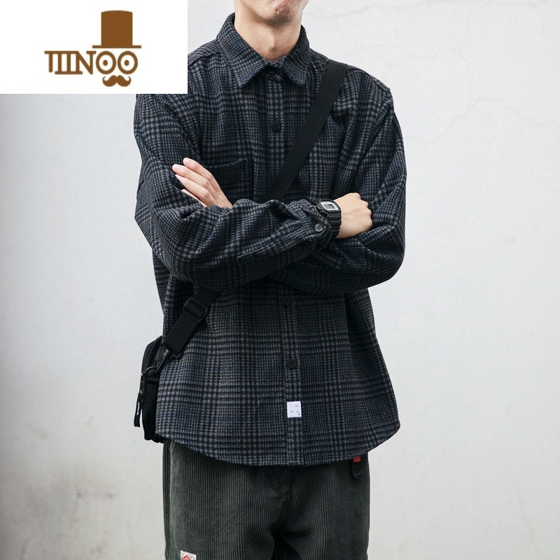 YANXU日系复古工装格子衬衫男长袖潮流宽松百搭休闲磨毛衬衣外U高清大图