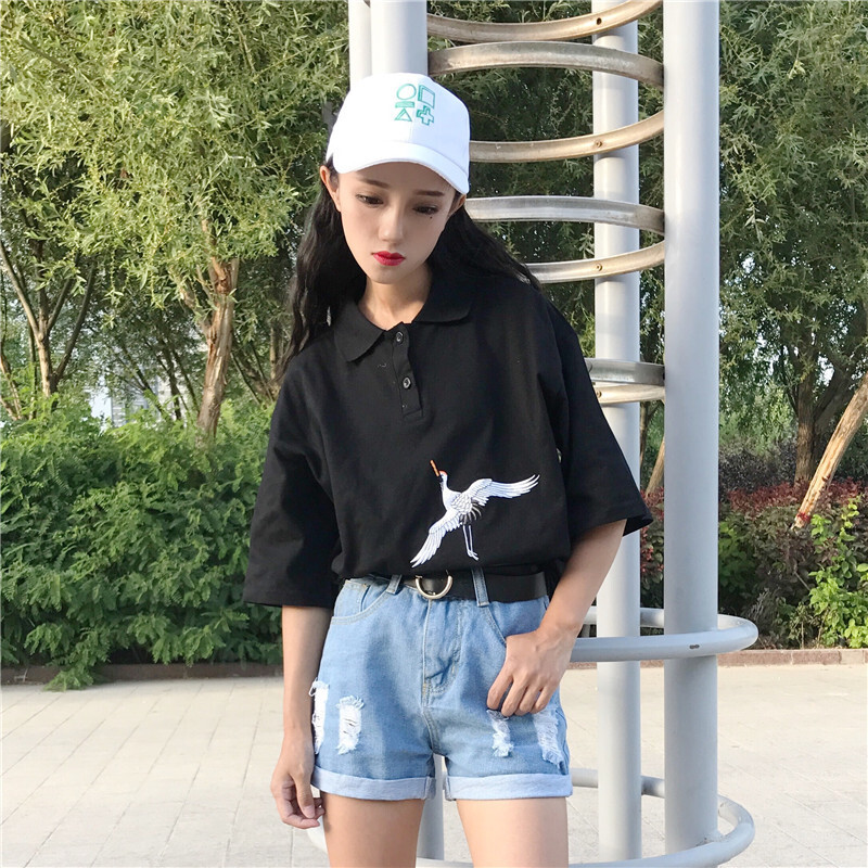 春夏女装韩版原宿风中长款宽松仙鹤刺绣POLO领短袖T恤打底衫上衣黑色均码