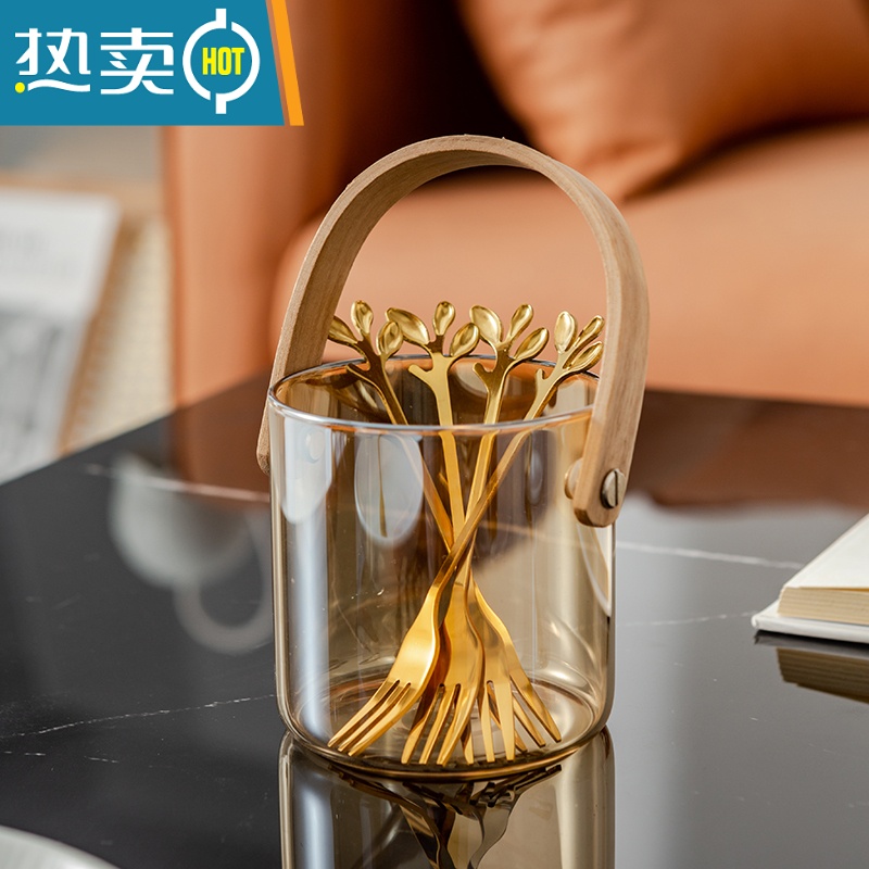 敬平水果叉子家用高端甜品叉收纳罐套装小叉子轻奢水果签果插不锈钢 炫彩色收纳罐高清大图