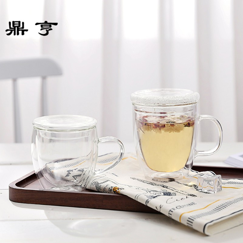 鼎亨加厚透明玻璃水杯带盖办公室杯家用花茶杯泡茶杯牛奶杯耐热茶
