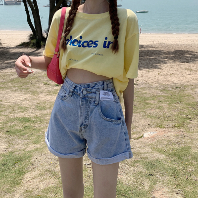 牛仔短裤女不规则夏季韩版2021新款高腰显瘦设计感卷边阔腿热裤子 蓝色 S