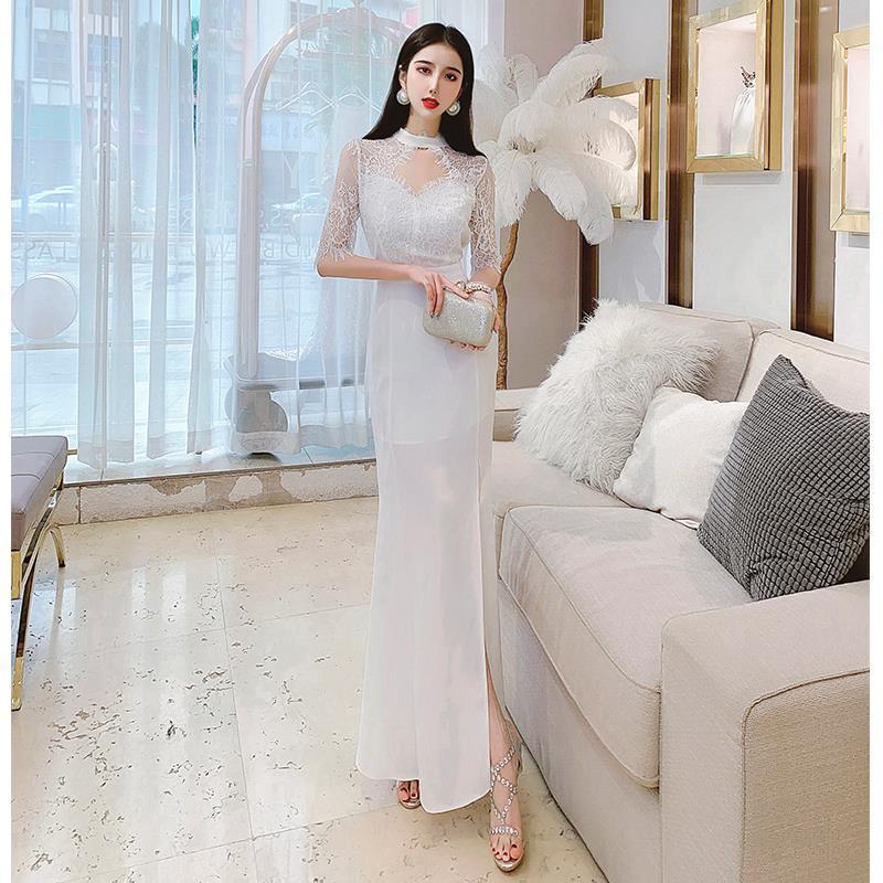 名媛气质蕾丝拼接连衣裙收腰显瘦女夏2021新款chic开叉包臀裙韩版