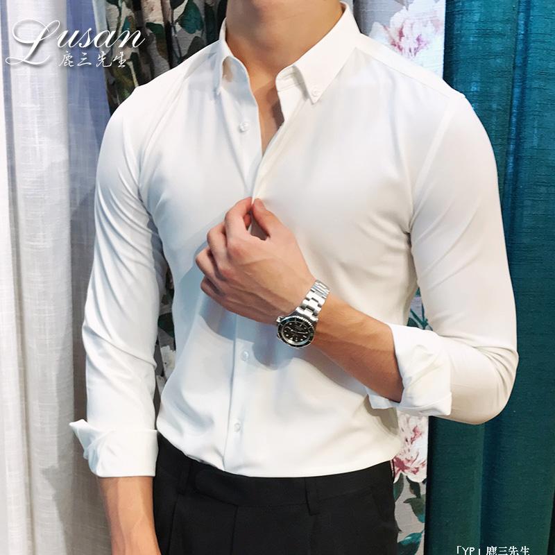 SUNTEK男士衬衫长袖黑色薄款休闲修身潮流英伦风伴郎服潮兄弟装衬衫高清大图