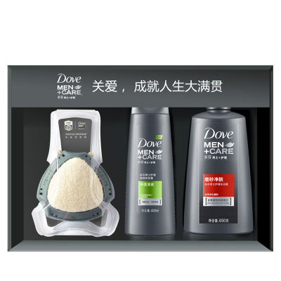 多芬(Dove) 男士护理沐浴露磨砂净肤650g+护理强韧洗发露净透清爽400ml+双面浴球(适合各种肤质)[联合利华]