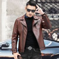 海宁男士真皮皮衣短款头层牛皮真皮夹克男西装领商务外套春秋季_245 XXXL 红棕色