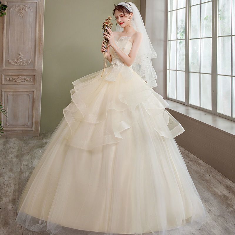 主婚纱2021新款成人礼网红新娘结婚齐地抹胸蓬蓬裙显瘦简约轻婚纱