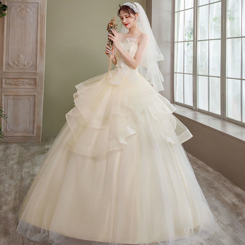 主婚纱2021新款成人礼网红新娘结婚齐地抹胸蓬蓬裙显瘦简约轻婚纱图片