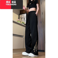 YIBUSHENG胖mm新中式国风刺绣冰丝裤子女季薄款宽松显瘦休闲长裤大码女女 L110-130斤 黑色